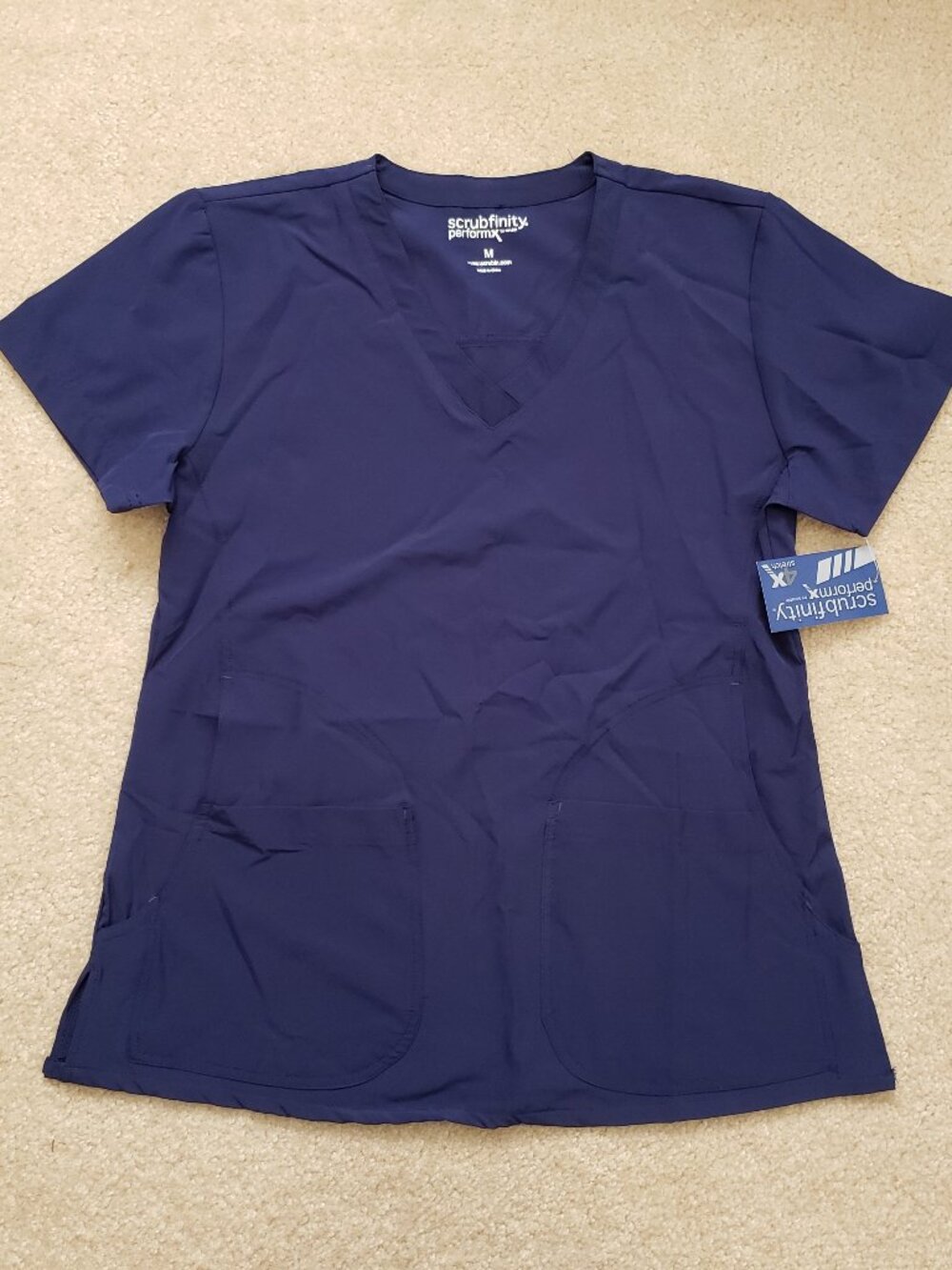NWT Scrubfinity Perform X size Medium navy blue scrub top w/ pockets stretch